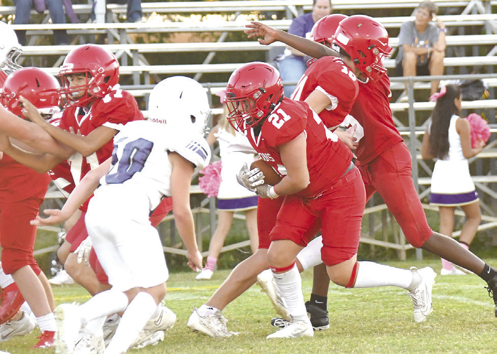 With several teammates clearing a path, eighth grader Colter Edgar pushes straight ahead for a good gain. Donnie Lucas / Albany News