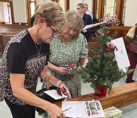 Ramona Reames (l) and Kathy Baskin (r) choose an ornament and sign up as sponsors for the Believe Tree for Teens program. Melinda Lucas / Albany News