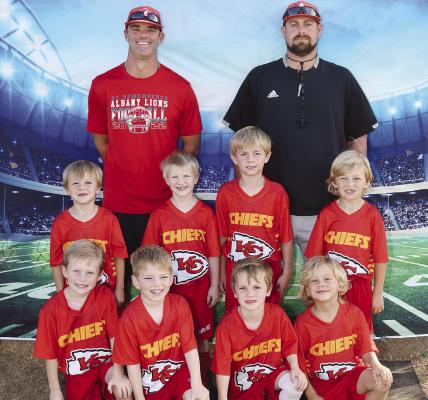Members of the K-1 Chiefs are (front, l-r) Hayes Edgar, Will Henry Green, James Strauss, Everett Purvis, (middle) Buck Rogers, Aurick Snyder, Steele Brown, Greyson Hargett, and (back) coaches Carl Strauss and Teagan Brown. Donn ie Lucas / Albany News