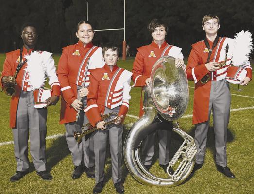 Named as “Marchers of the Week” for the first five games of the 2024 football season have been (l-r) Ben Barwon, Charlee Patterson, Jordan Knight, Joe Angel Alvarez, and John Birkla. Over the next few weeks, the band will participate in two festivals before UIL contest. Donnie Lucas / Albany News