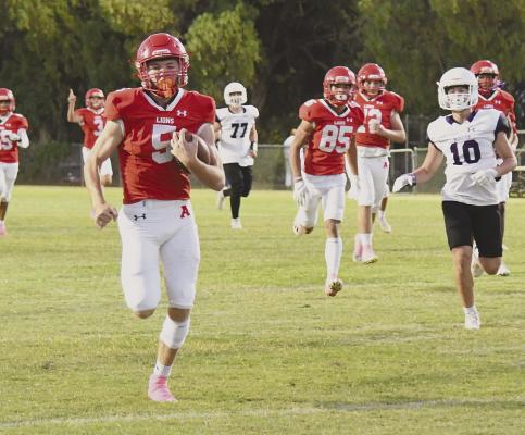Wesley Gleitz gets out in front of the pack with a scoring reception from Aiden Vickers during the JV Lions’ victory over Roscoe last Thursday. Albany trailed 8-6 in the first quarter, but quickly gained momentum to finish with a 40-16 win. Donn ie Lucas / Albany News