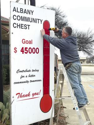 Board member Chris Beard attaches the last panel showing that Albany Chest contributions have reached 100 percent of the 2023 target of $45,000. The board will meet later this month to distribute the funding. Melinda Lucas / Alba ny News
