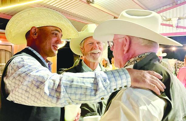 Friends of Fort Griffin patrons (l-r) Callan Wills, Steve Waller, and Jimbo Calhoun visit during the 2023 Gala fundraiser held last Saturday night at Collins Creek Ranch. The annual event supports projects at Fort Griffin State Historic Site. Courtesy Photo