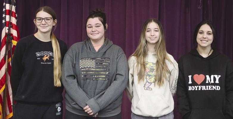 Named to the All-District 12-1A volleyball team recently were Moran players (l-r) Jayla Bussell, Maekayla Kersey, Bradee Stautzenberger, and Chelsea Thurman. The girls are expected to form a core group for next year’s team. Photo Provided By Moran School